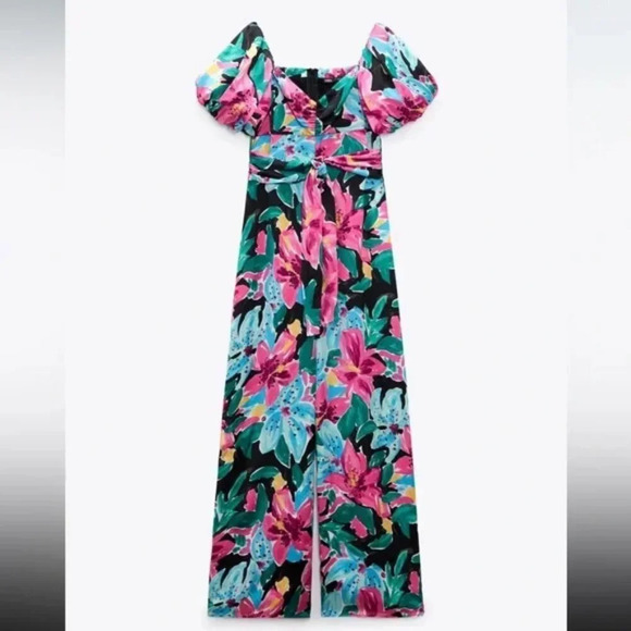 Zara Floral Print Satin Like Jumpsuit Puff Sleeve Size Medium Blogger Fave - Picture 4 of 14